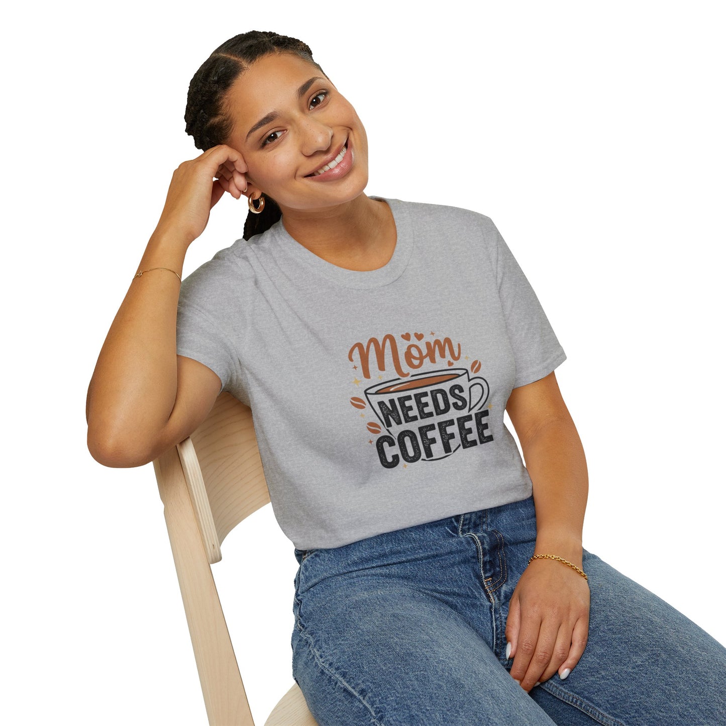 Mom Needs Coffee T-Shirt — Steaming Cup, Coffee Beans & Gold Stars