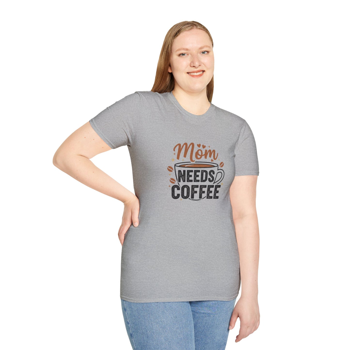 Mom Needs Coffee T-Shirt — Steaming Cup, Coffee Beans & Gold Stars