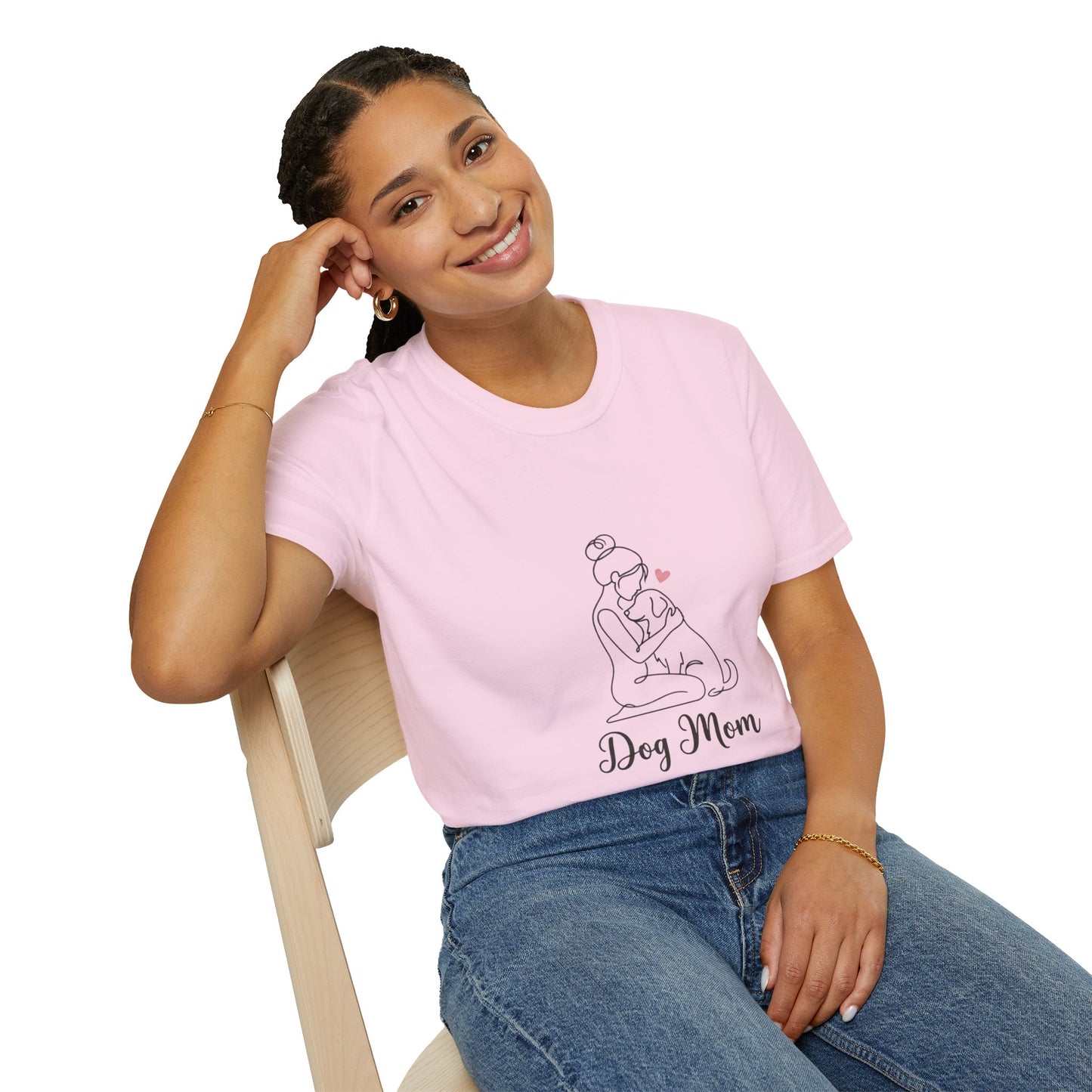 Dog Mom Line-Art Tee — Minimalist Pink Heart Graphic