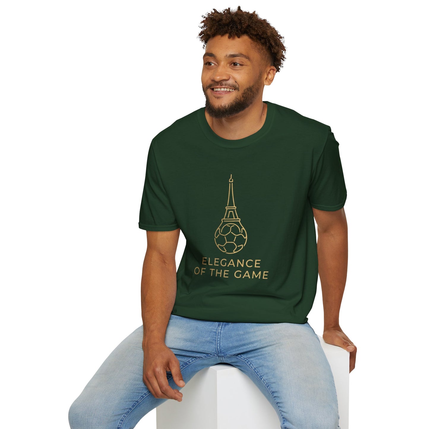 Elegance of the Game Soccer Tee — Eiffel Tower Gold Line-Art Graphic