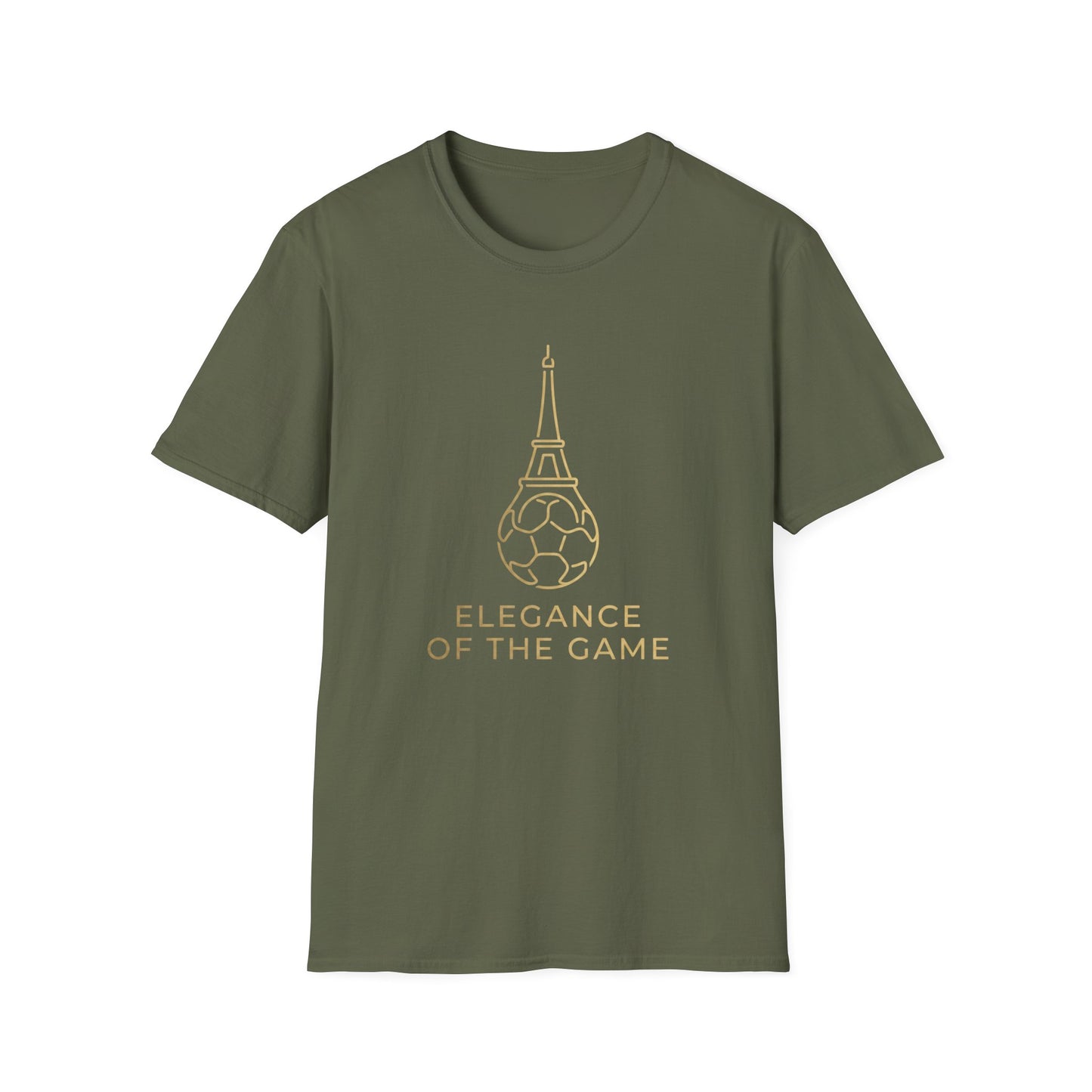 Elegance of the Game Soccer Tee — Eiffel Tower Gold Line-Art Graphic