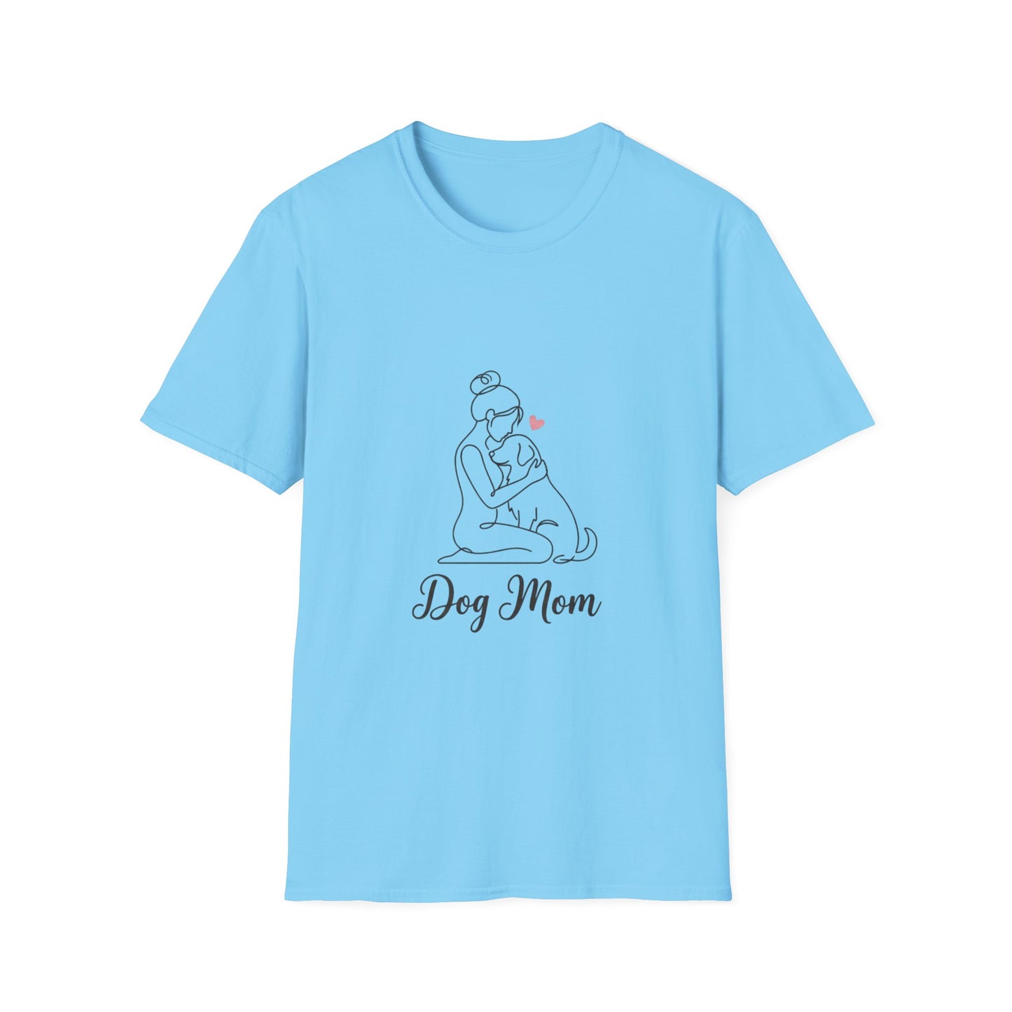 Dog Mom Line-Art Tee — Minimalist Pink Heart Graphic