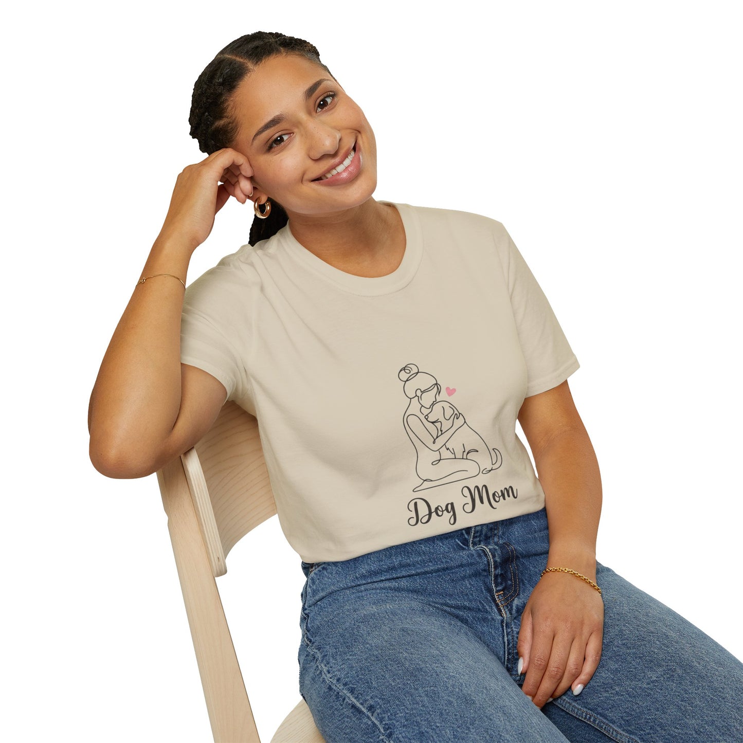 Dog Mom Line-Art Tee — Minimalist Pink Heart Graphic
