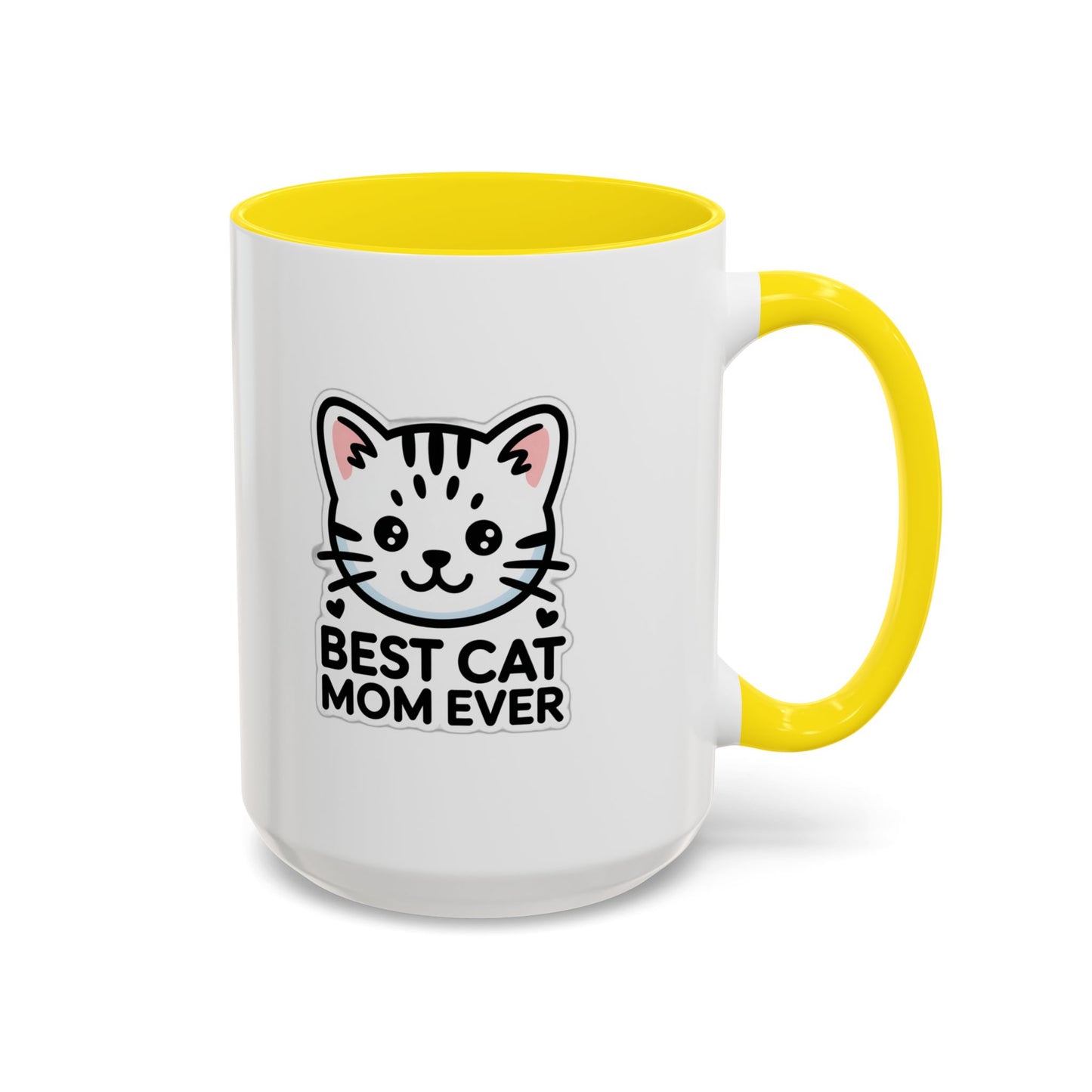 Best Cat Mom Ever Accent Coffee Mug - Kawaii Grey Tabby Cat Gift - 11oz Ceramic Cup
