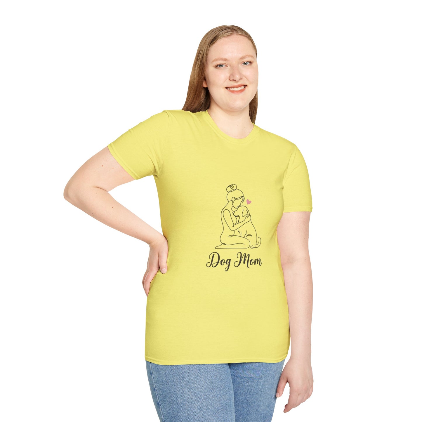 Dog Mom Line-Art Tee — Minimalist Pink Heart Graphic