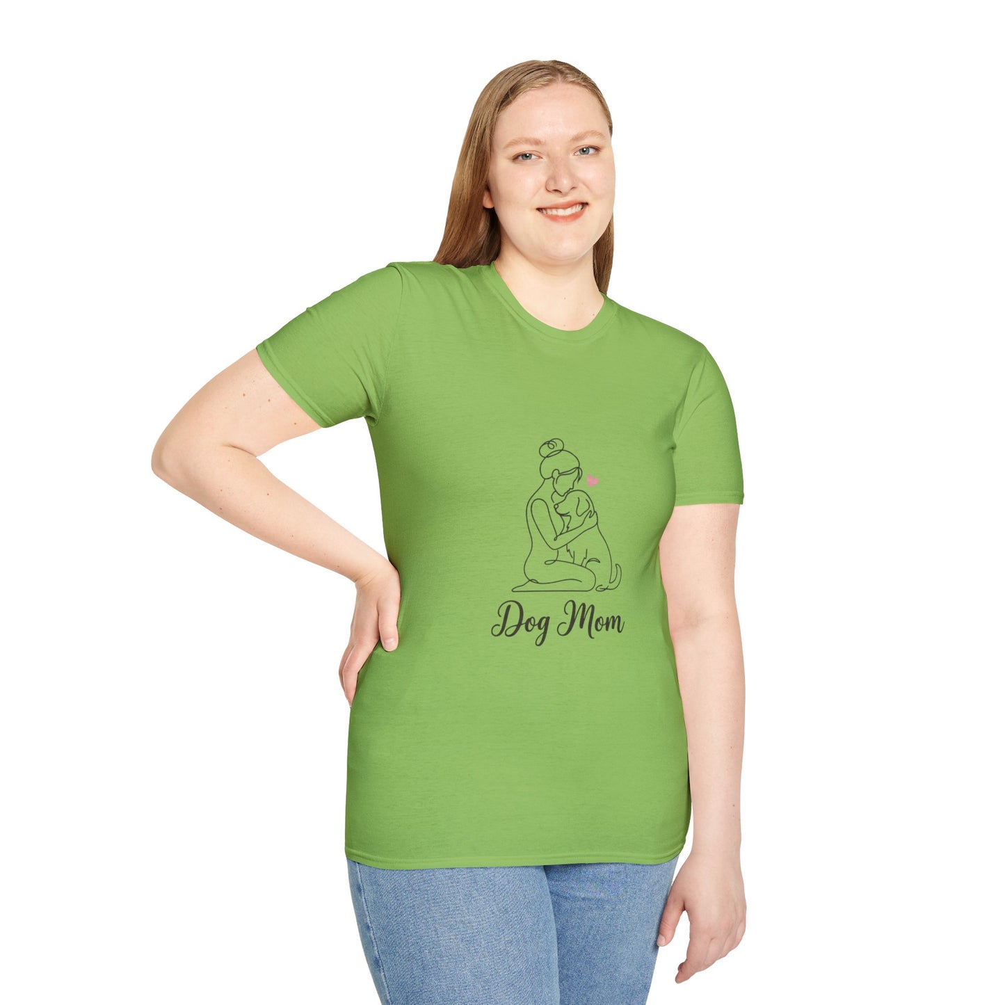 Dog Mom Line-Art Tee — Minimalist Pink Heart Graphic