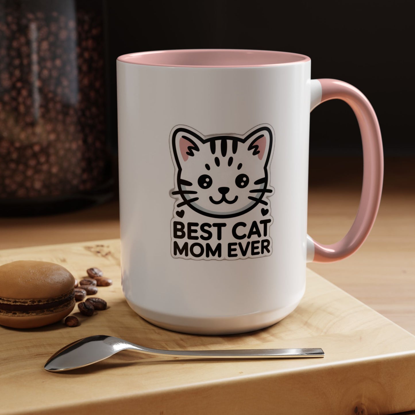 Best Cat Mom Ever Accent Coffee Mug - Kawaii Grey Tabby Cat Gift - 11oz Ceramic Cup