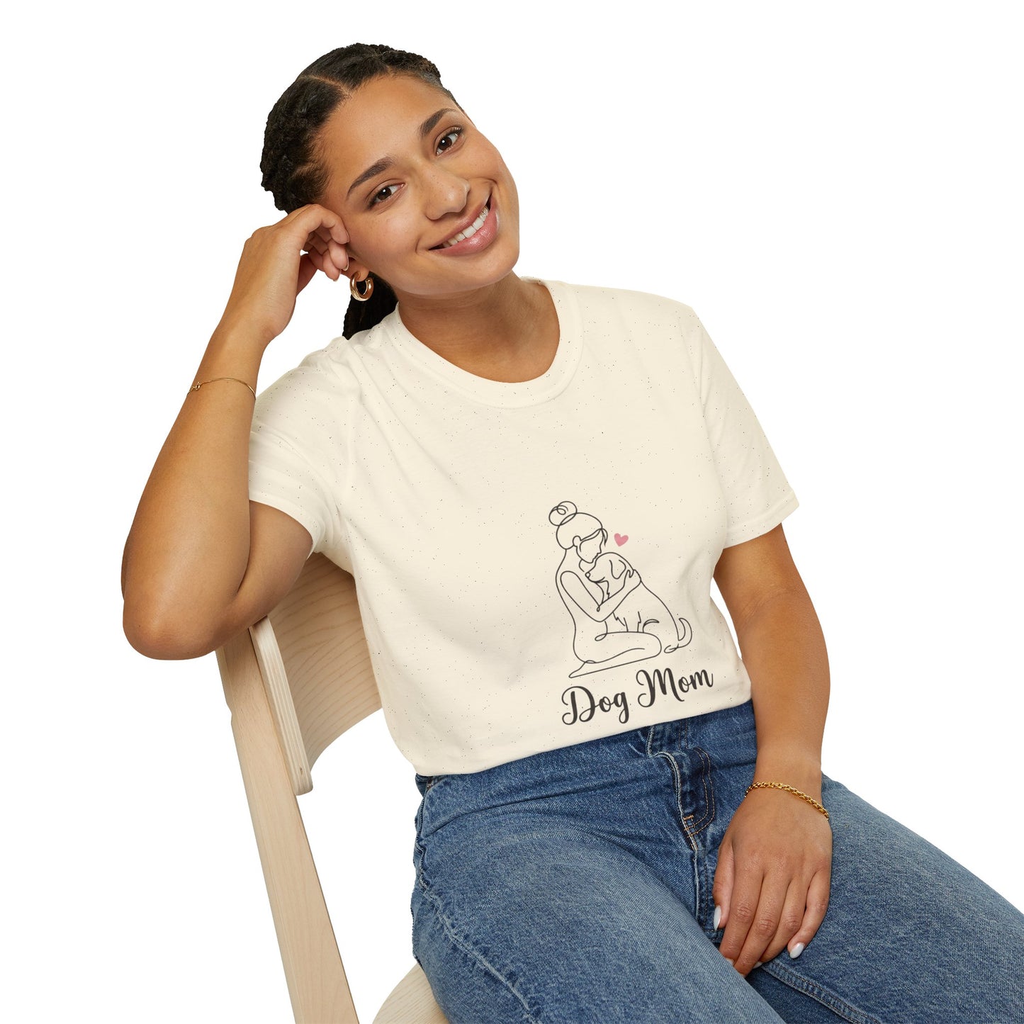 Dog Mom Line-Art Tee — Minimalist Pink Heart Graphic