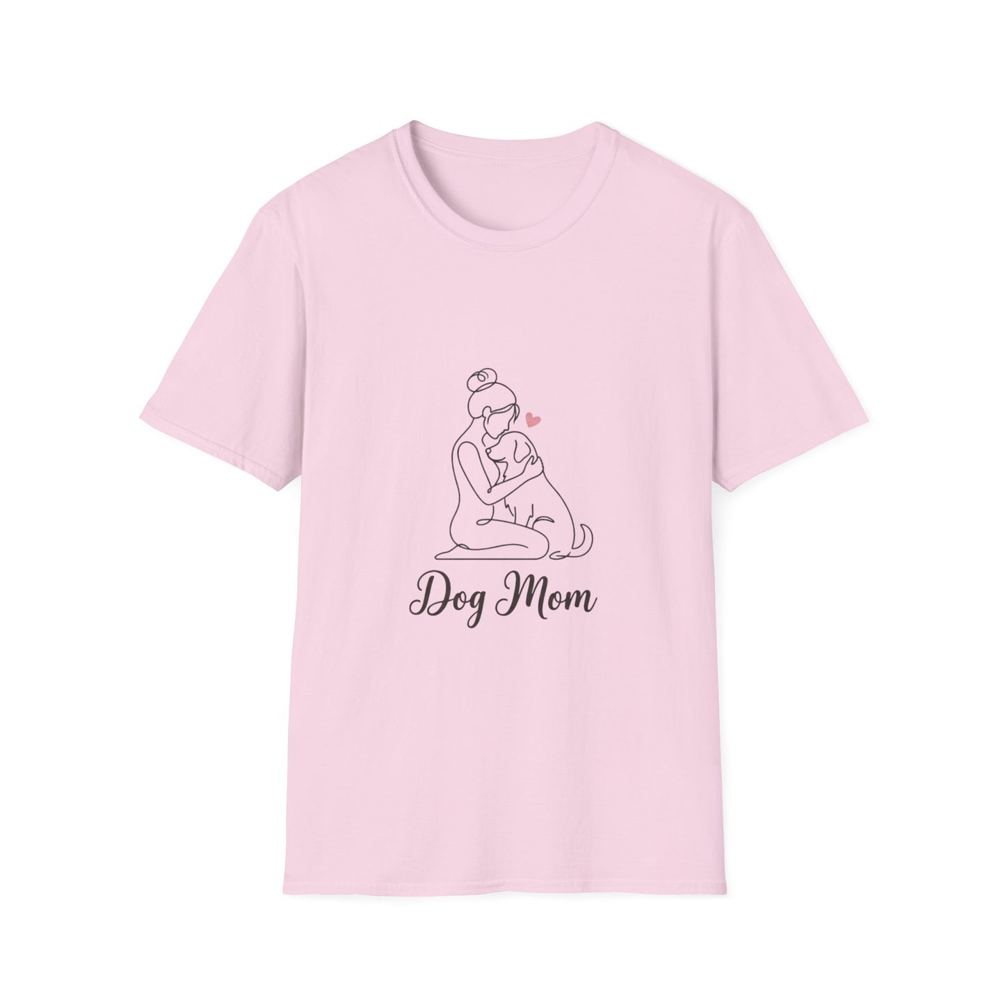 Dog Mom Line-Art Tee — Minimalist Pink Heart Graphic