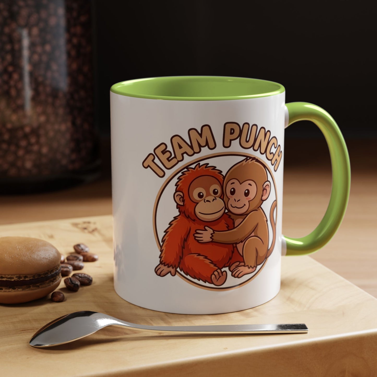 Team Punch Coffee Mug — Cute Hugging Monkeys Accent Mug (11/15oz)