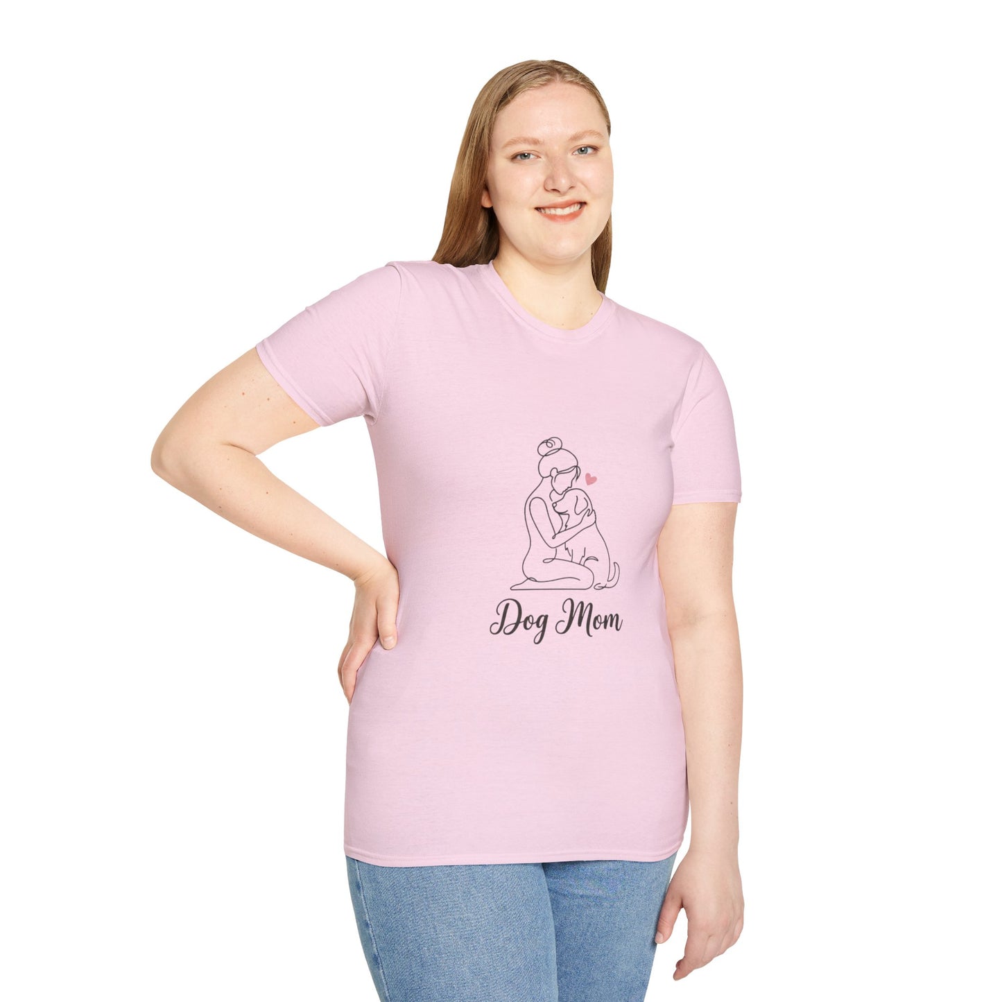Dog Mom Line-Art Tee — Minimalist Pink Heart Graphic
