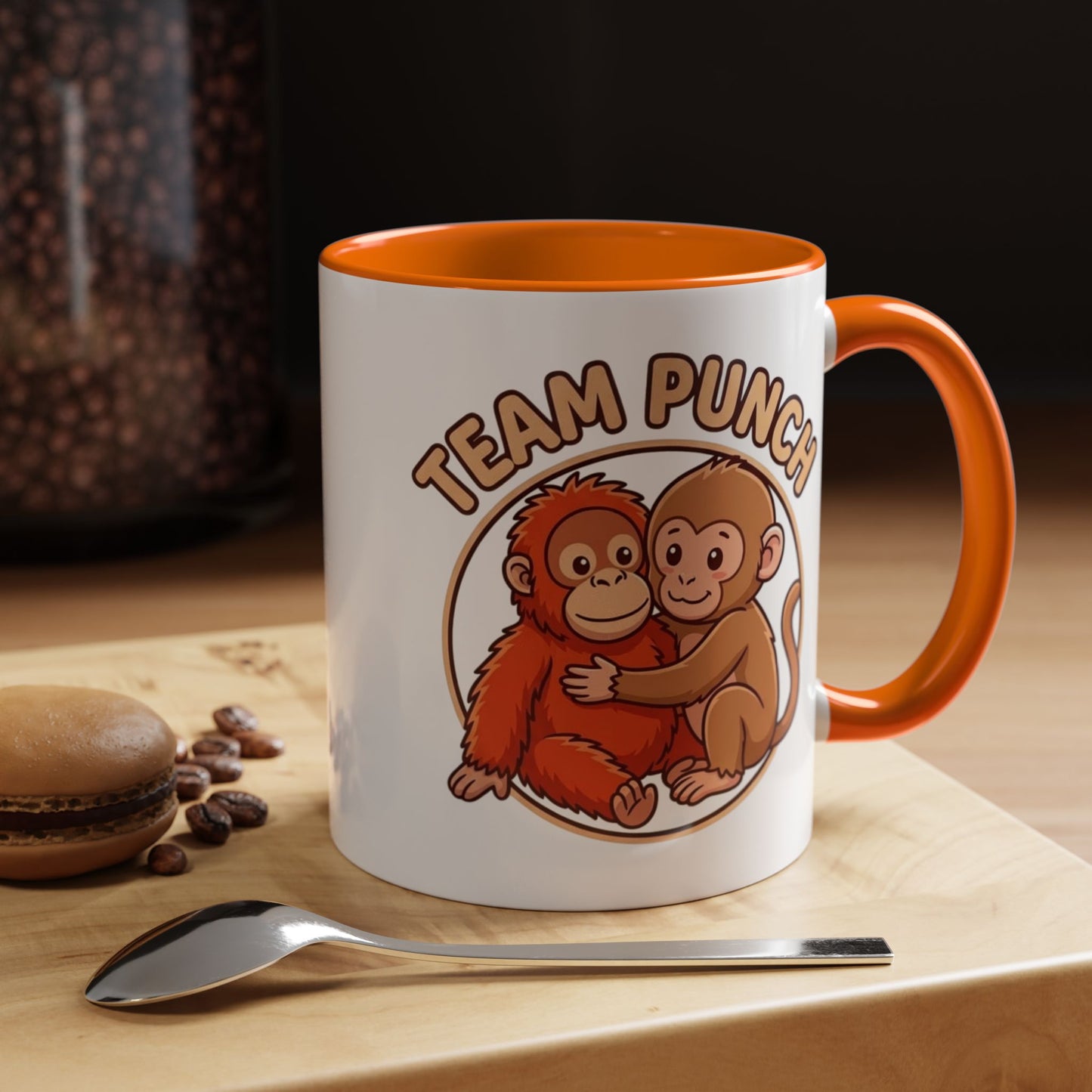 Team Punch Coffee Mug — Cute Hugging Monkeys Accent Mug (11/15oz)