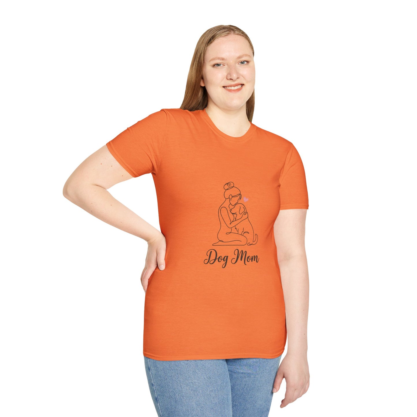 Dog Mom Line-Art Tee — Minimalist Pink Heart Graphic