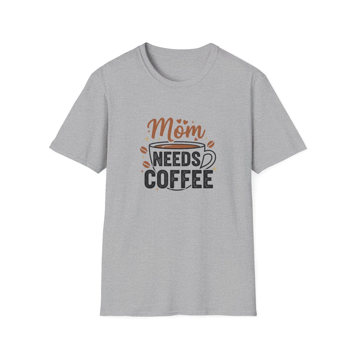 Mom Needs Coffee T-Shirt — Steaming Cup, Coffee Beans & Gold Stars