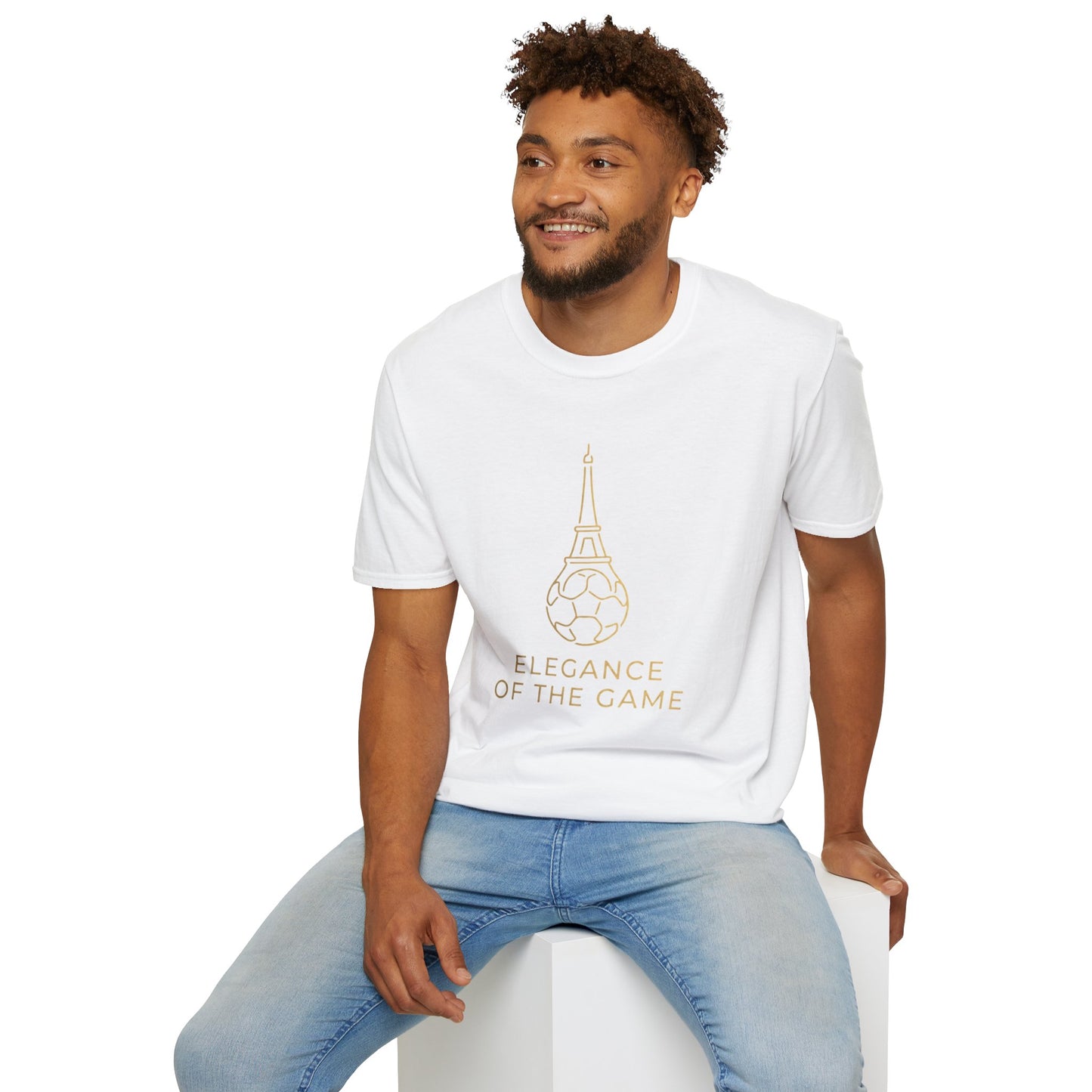 Elegance of the Game Soccer Tee — Eiffel Tower Gold Line-Art Graphic