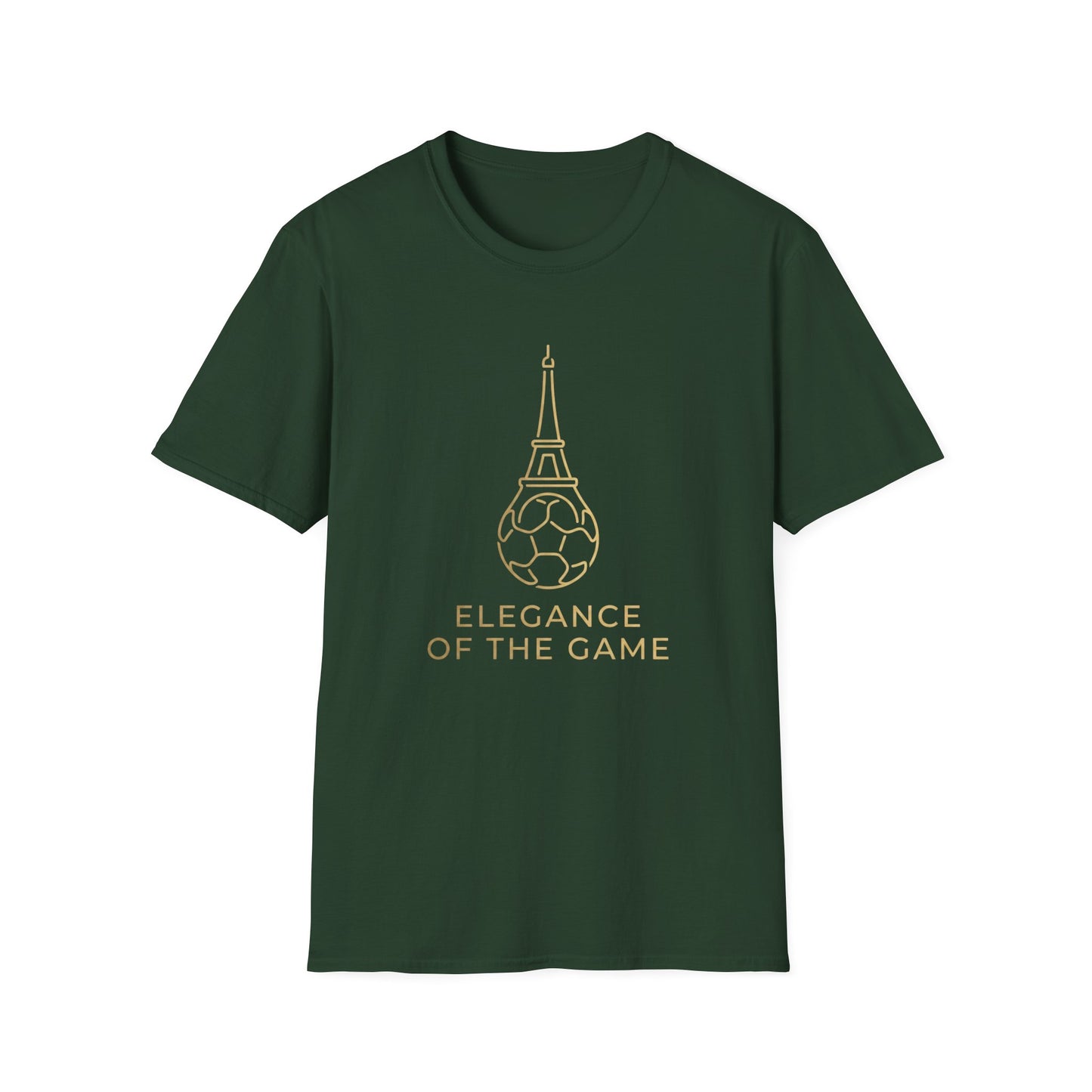 Elegance of the Game Soccer Tee — Eiffel Tower Gold Line-Art Graphic