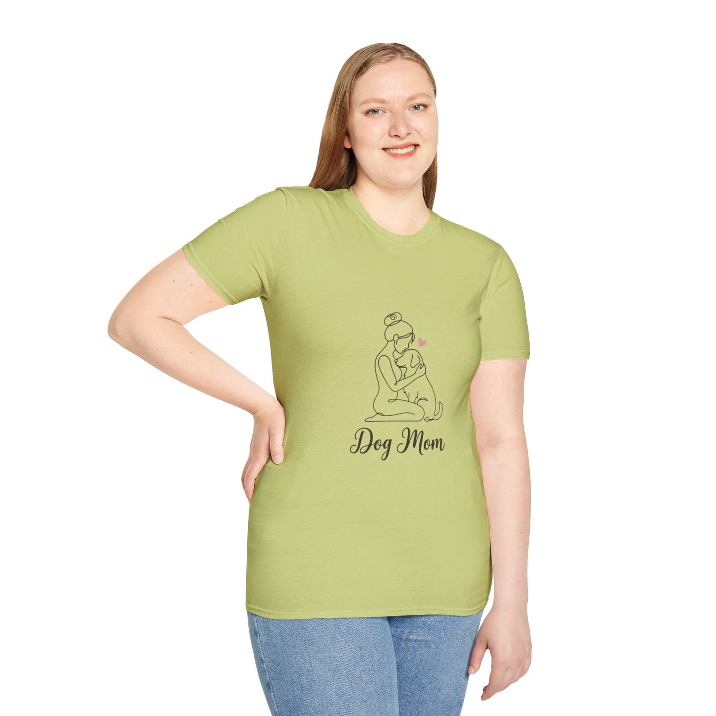 Dog Mom Line-Art Tee — Minimalist Pink Heart Graphic