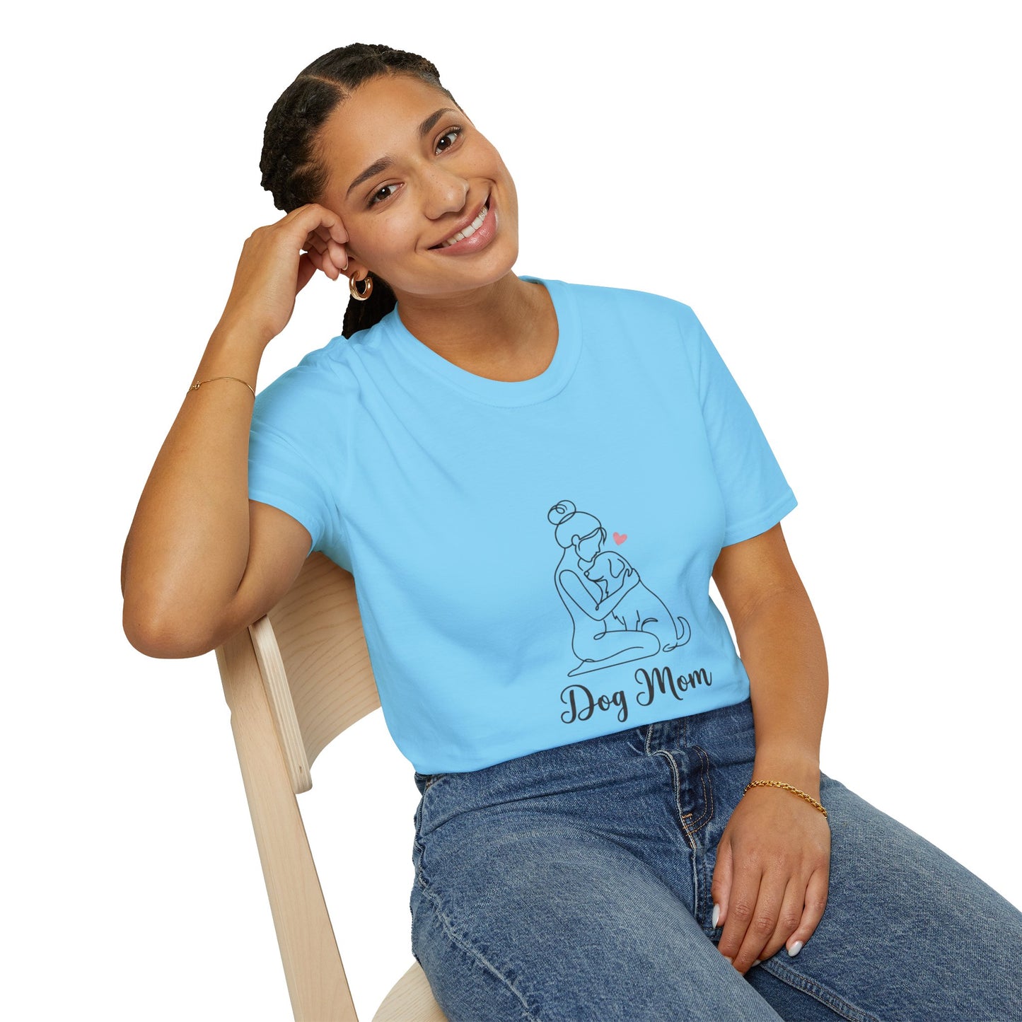 Dog Mom Line-Art Tee — Minimalist Pink Heart Graphic