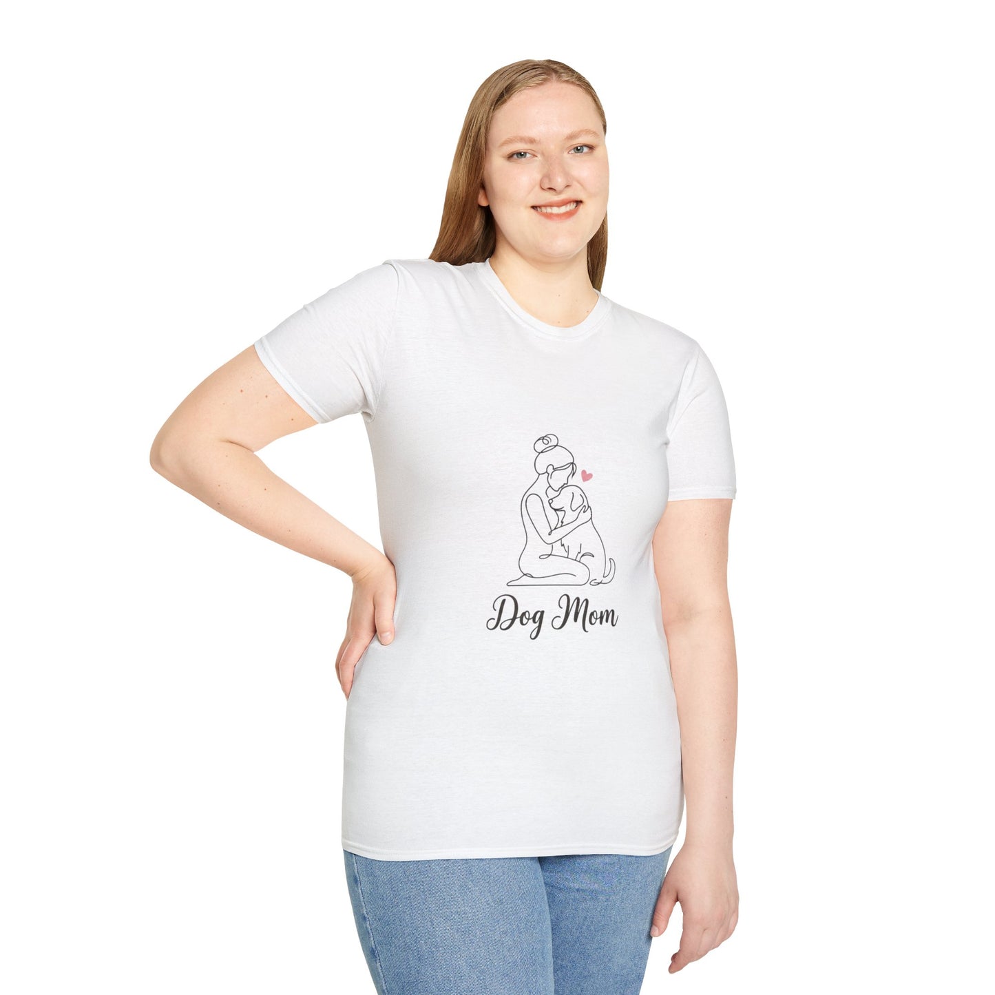 Dog Mom Line-Art Tee — Minimalist Pink Heart Graphic