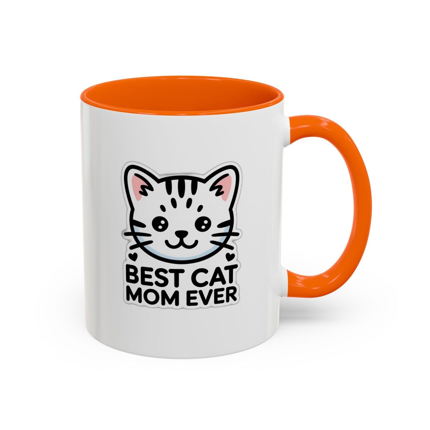 Best Cat Mom Ever Accent Coffee Mug - Kawaii Grey Tabby Cat Gift - 11oz Ceramic Cup