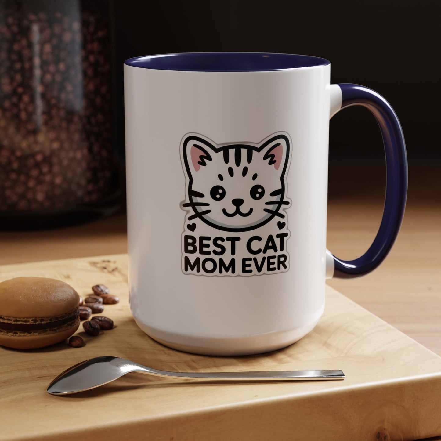 Best Cat Mom Ever Accent Coffee Mug - Kawaii Grey Tabby Cat Gift - 11oz Ceramic Cup