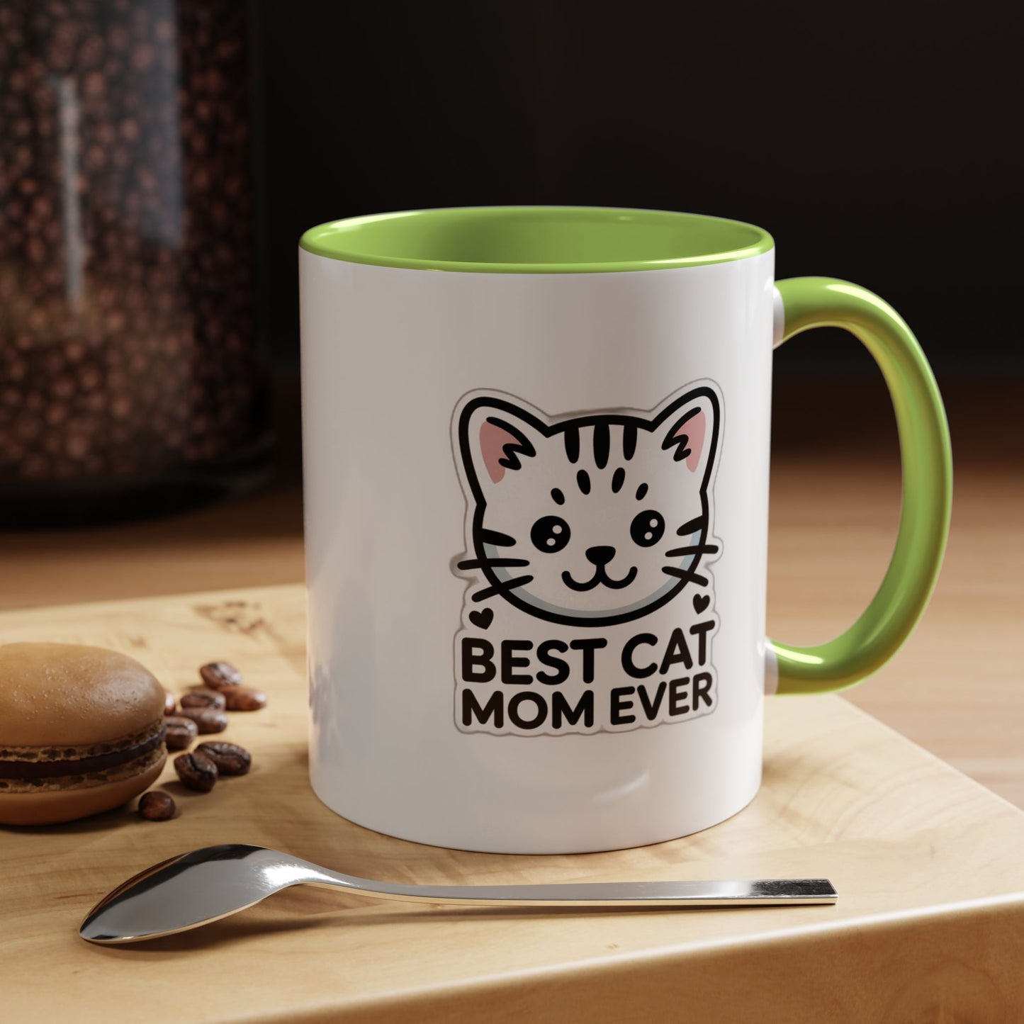 Best Cat Mom Ever Accent Coffee Mug - Kawaii Grey Tabby Cat Gift - 11oz Ceramic Cup