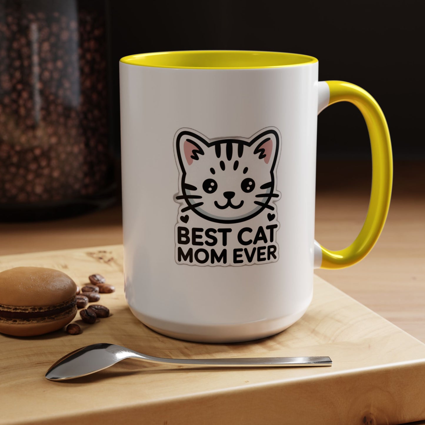 Best Cat Mom Ever Accent Coffee Mug - Kawaii Grey Tabby Cat Gift - 11oz Ceramic Cup