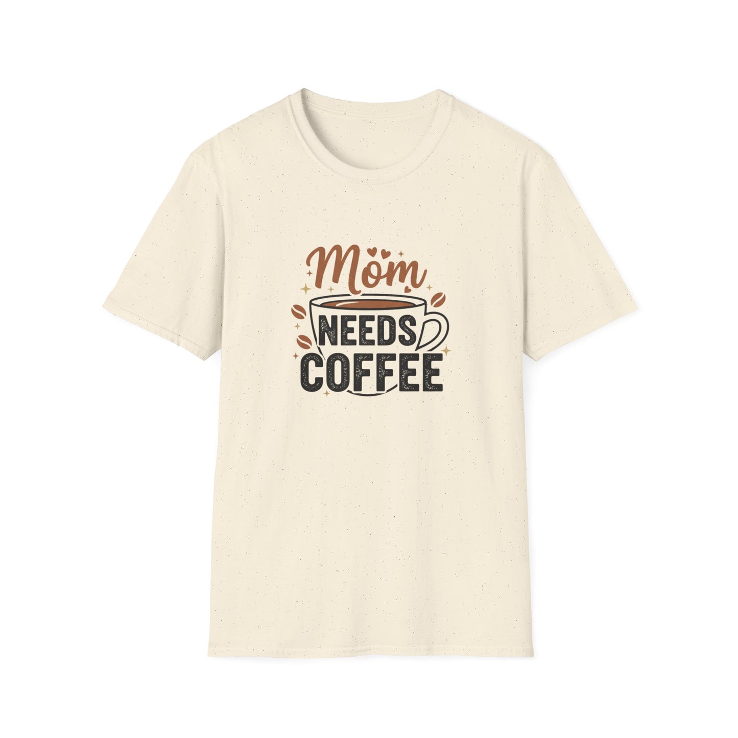 Mom Needs Coffee T-Shirt — Steaming Cup, Coffee Beans & Gold Stars