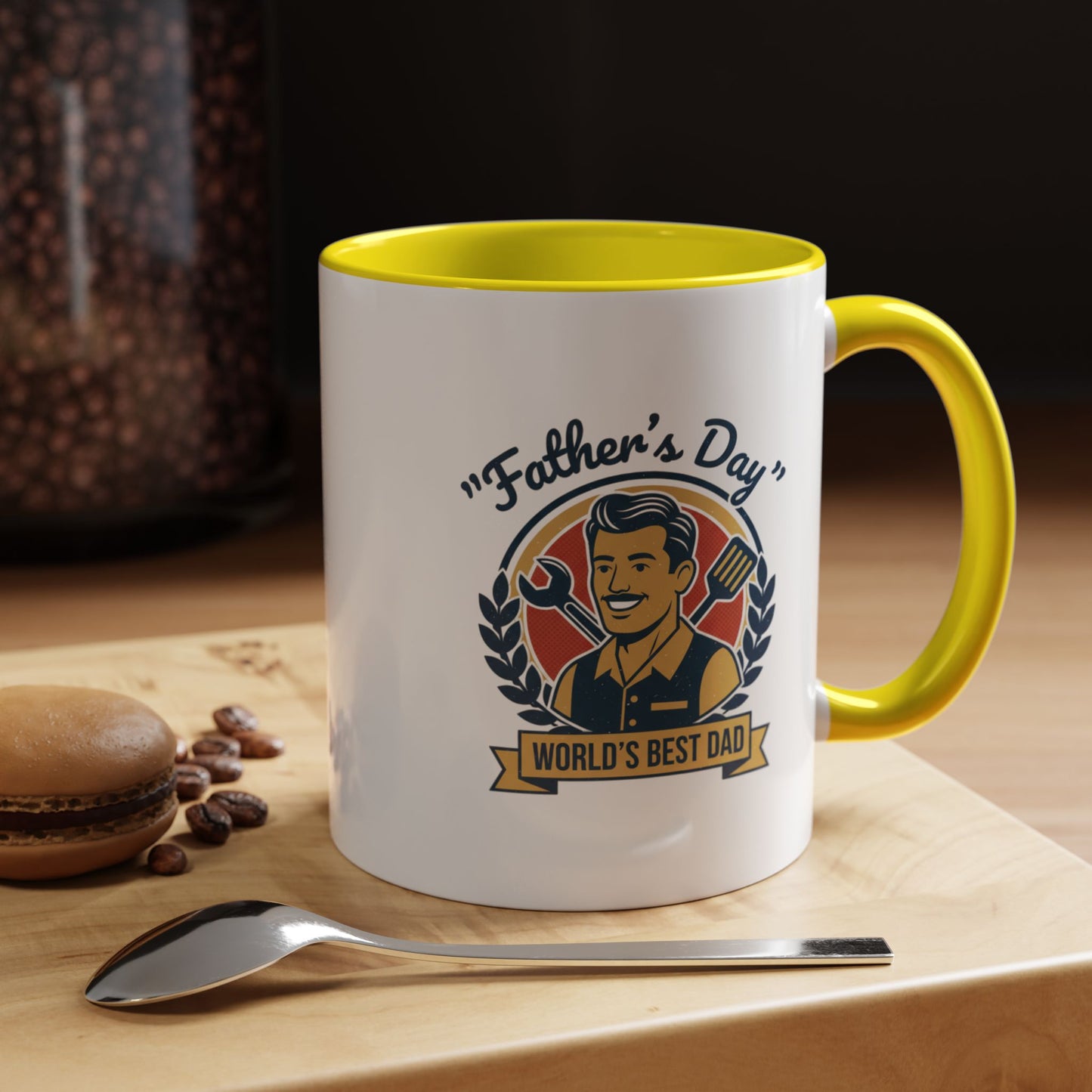 World's Best Dad Accent Coffee Mug — Vintage Wrench & Spatula Father's Day Gift
