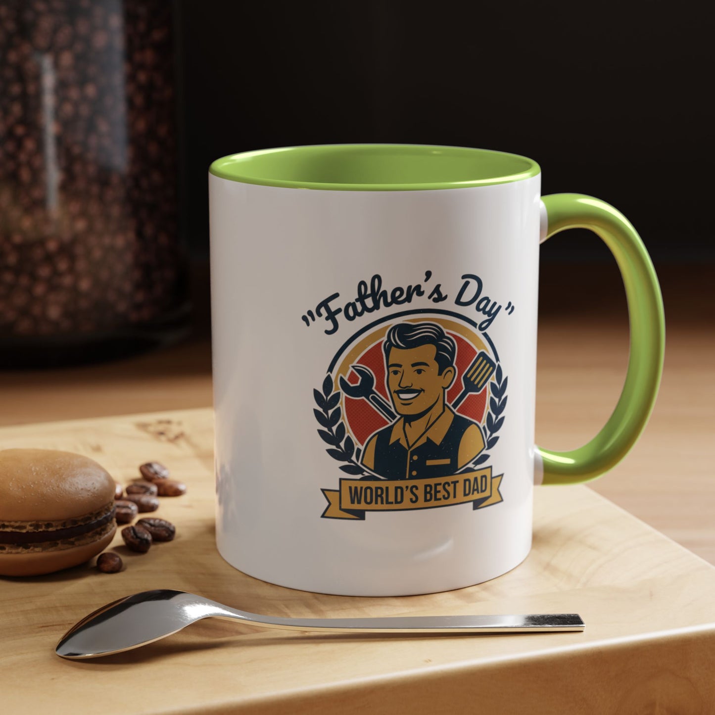 World's Best Dad Accent Coffee Mug — Vintage Wrench & Spatula Father's Day Gift