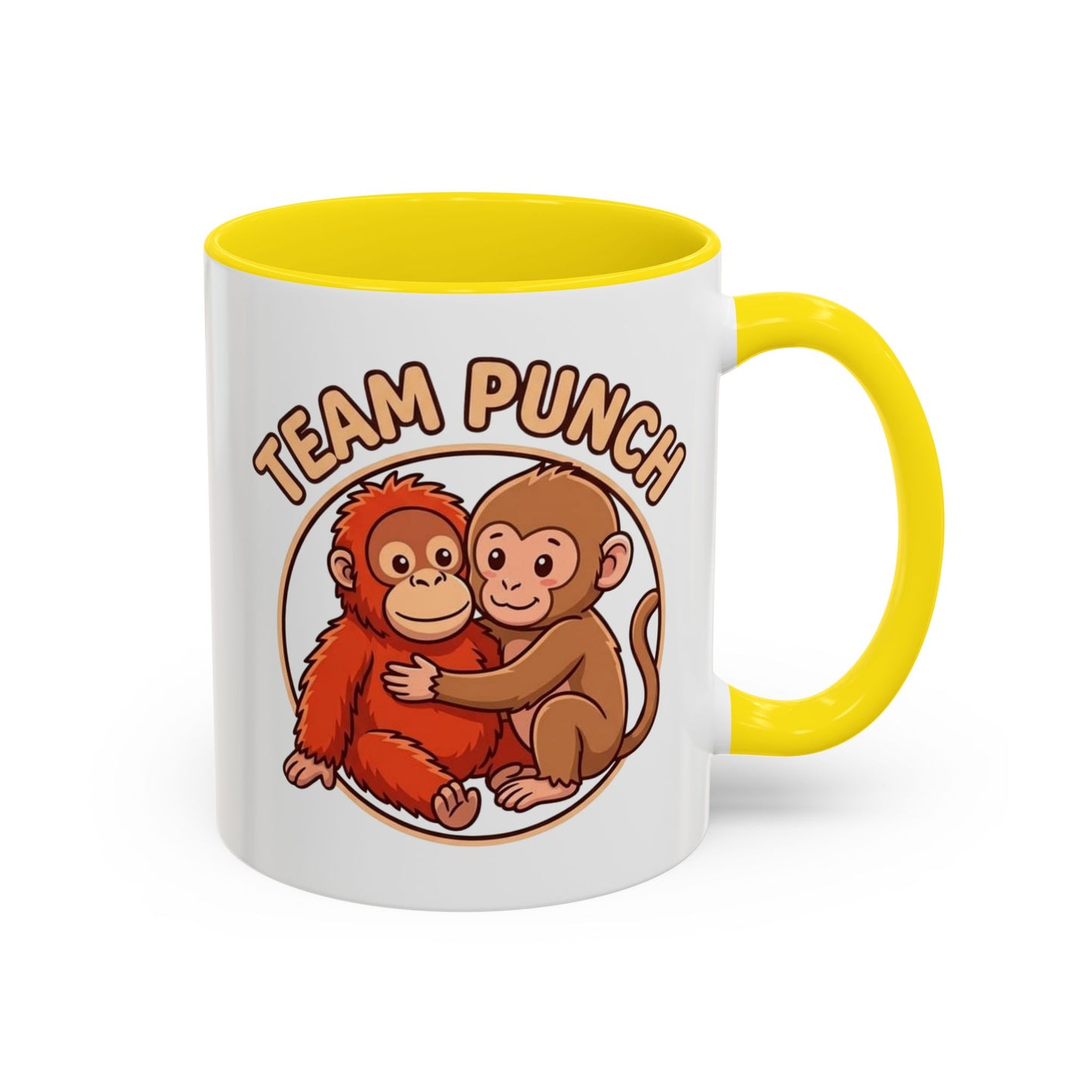 Team Punch Coffee Mug — Cute Hugging Monkeys Accent Mug (11/15oz)