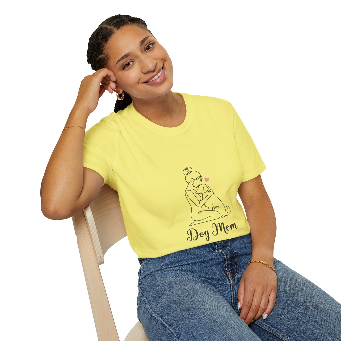 Dog Mom Line-Art Tee — Minimalist Pink Heart Graphic