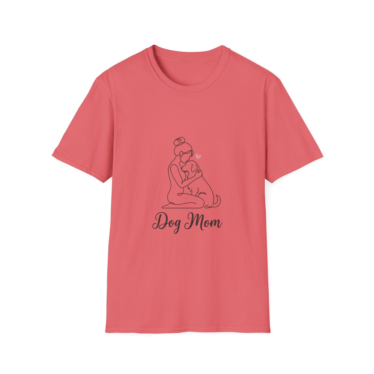 Dog Mom Line-Art Tee — Minimalist Pink Heart Graphic