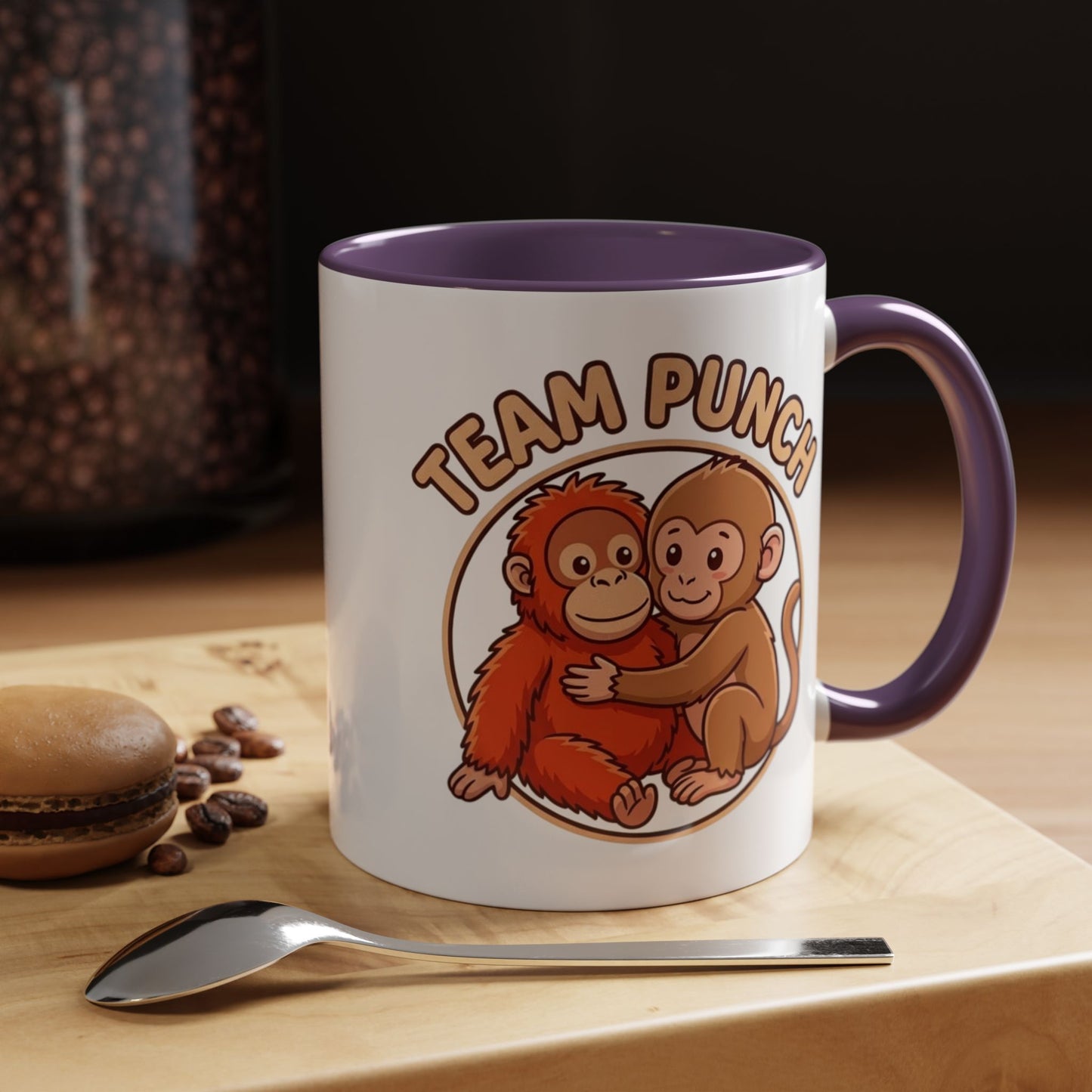 Team Punch Coffee Mug — Cute Hugging Monkeys Accent Mug (11/15oz)