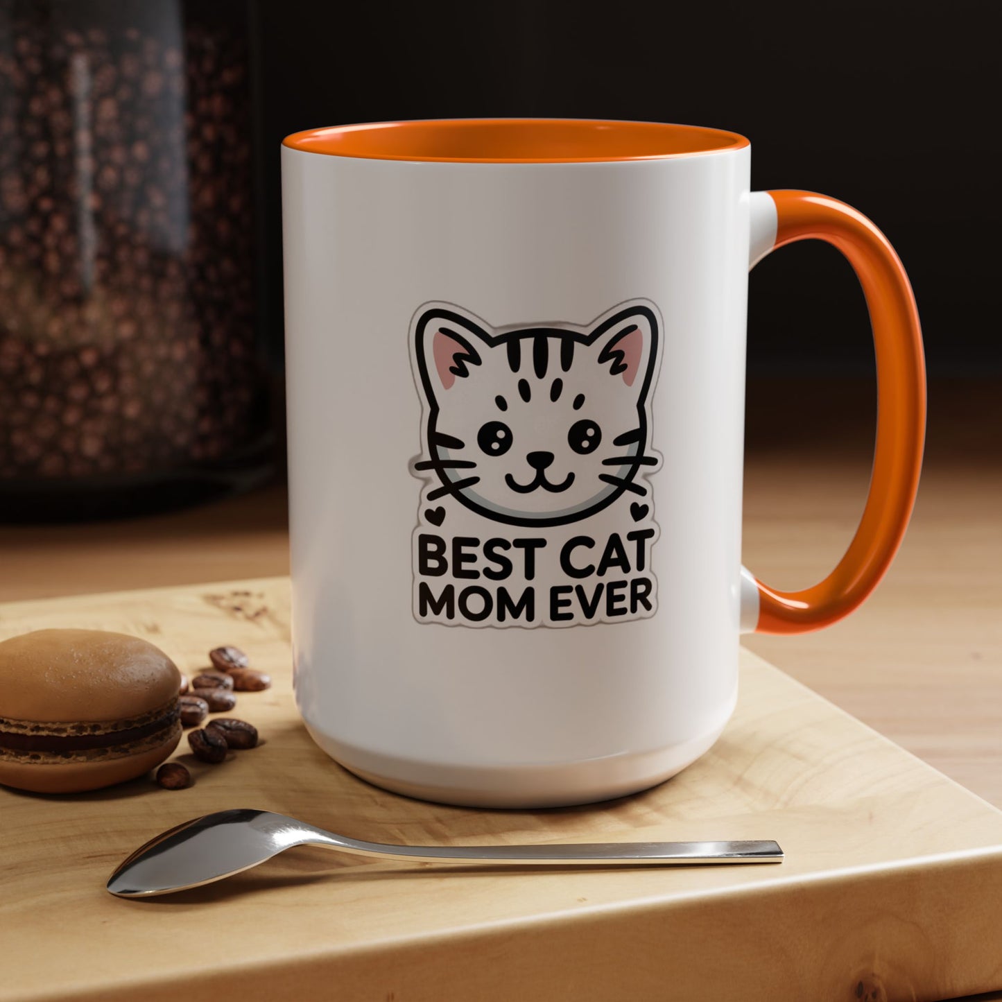 Best Cat Mom Ever Accent Coffee Mug - Kawaii Grey Tabby Cat Gift - 11oz Ceramic Cup