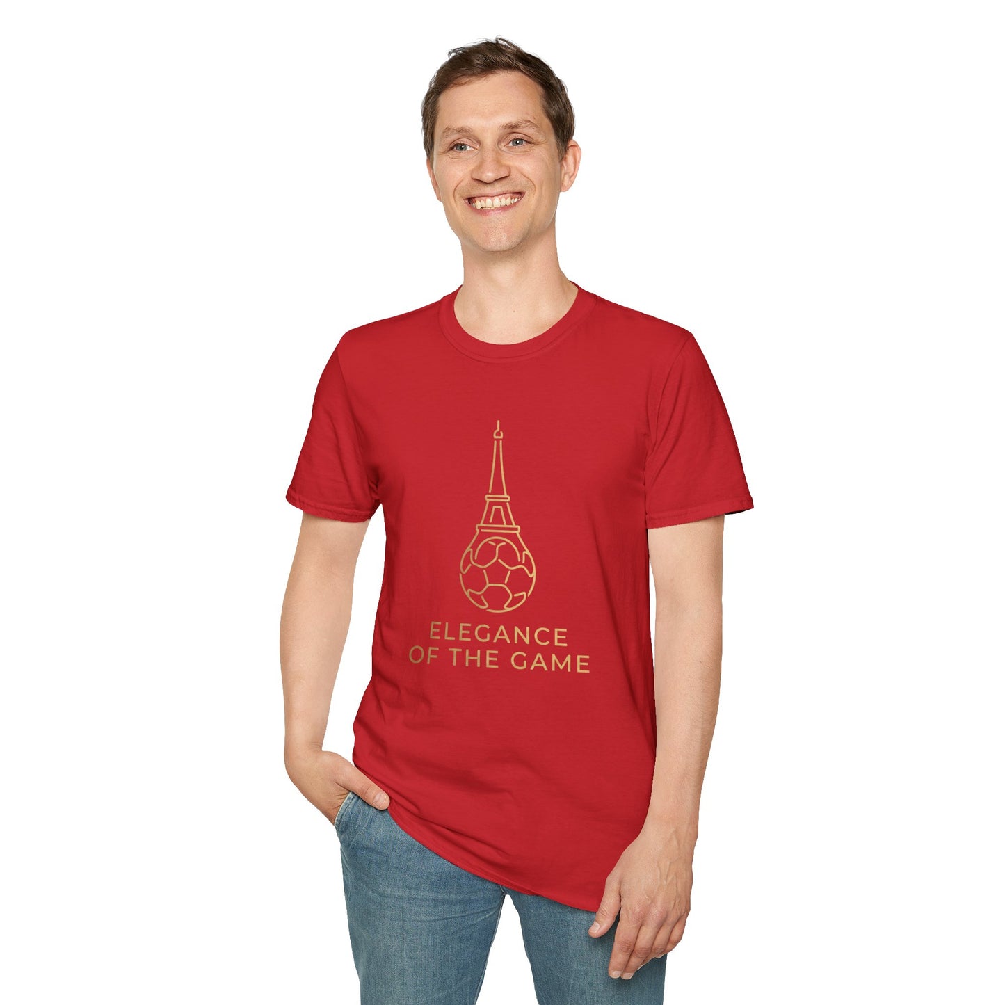 Elegance of the Game Soccer Tee — Eiffel Tower Gold Line-Art Graphic