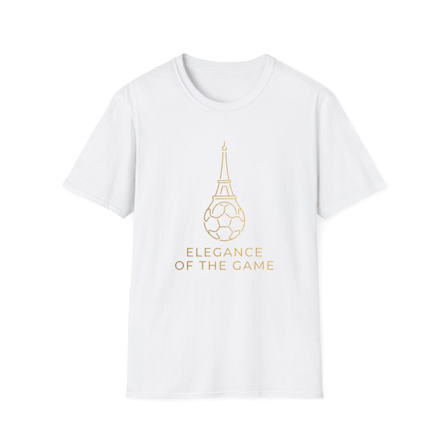 Elegance of the Game Soccer Tee — Eiffel Tower Gold Line-Art Graphic