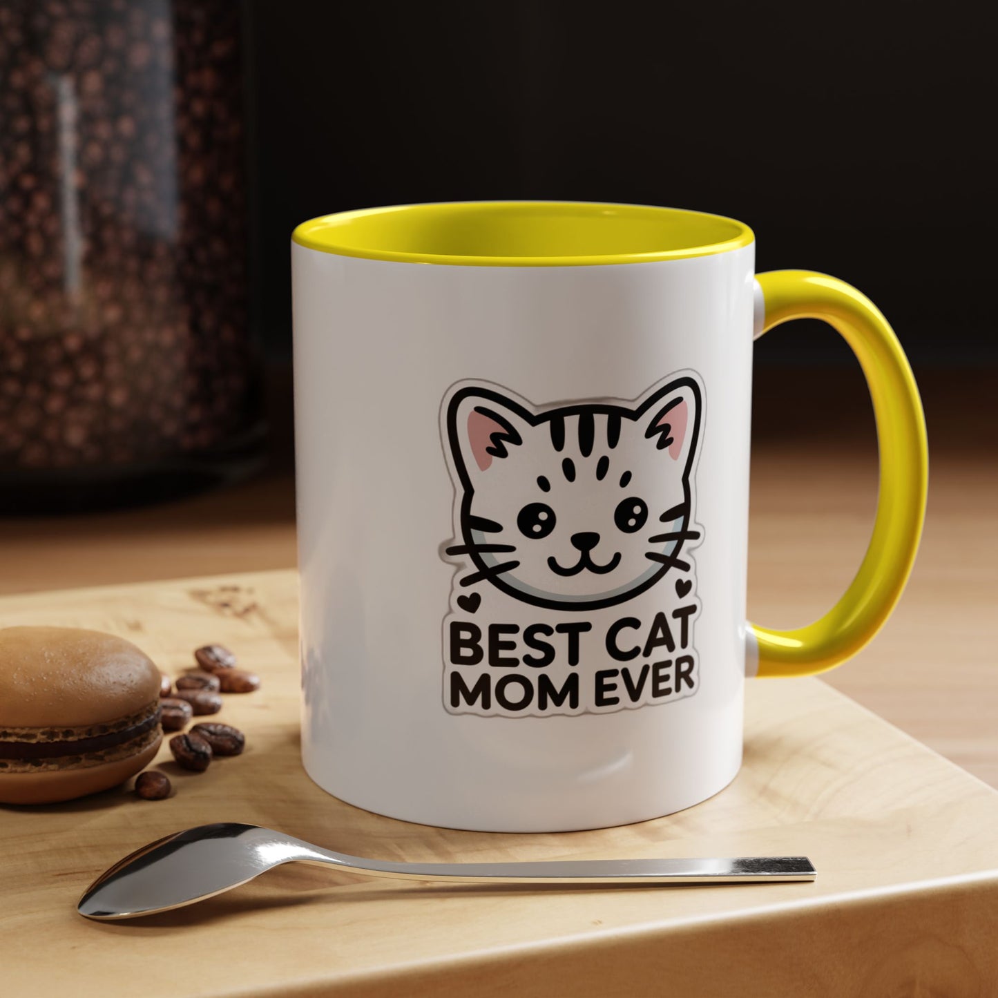 Best Cat Mom Ever Accent Coffee Mug - Kawaii Grey Tabby Cat Gift - 11oz Ceramic Cup