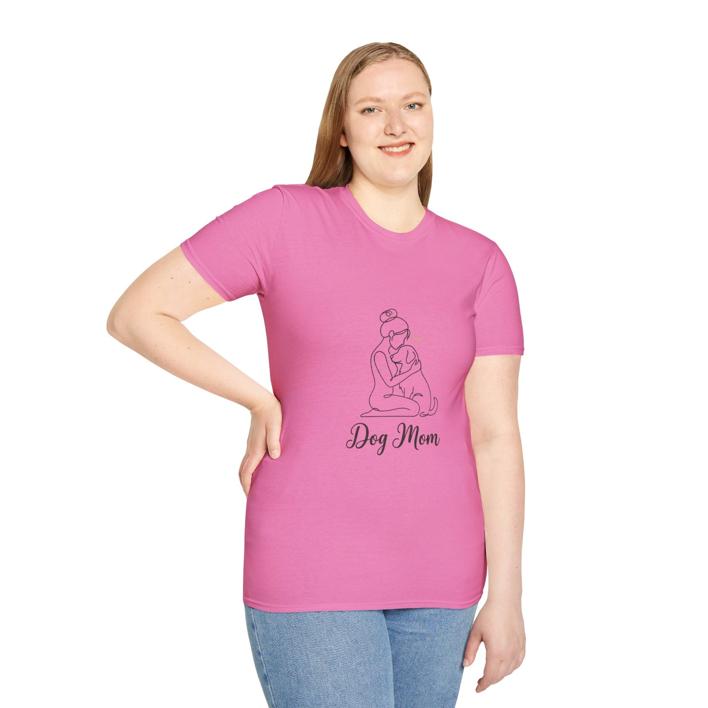 Dog Mom Line-Art Tee — Minimalist Pink Heart Graphic