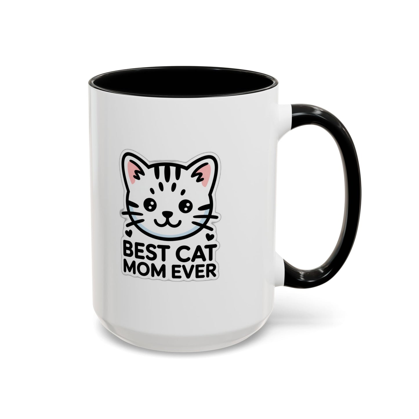 Best Cat Mom Ever Accent Coffee Mug - Kawaii Grey Tabby Cat Gift - 11oz Ceramic Cup