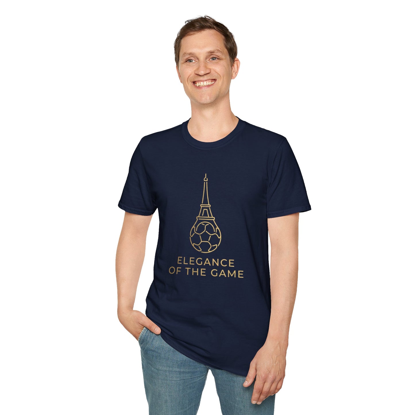 Elegance of the Game Soccer Tee — Eiffel Tower Gold Line-Art Graphic