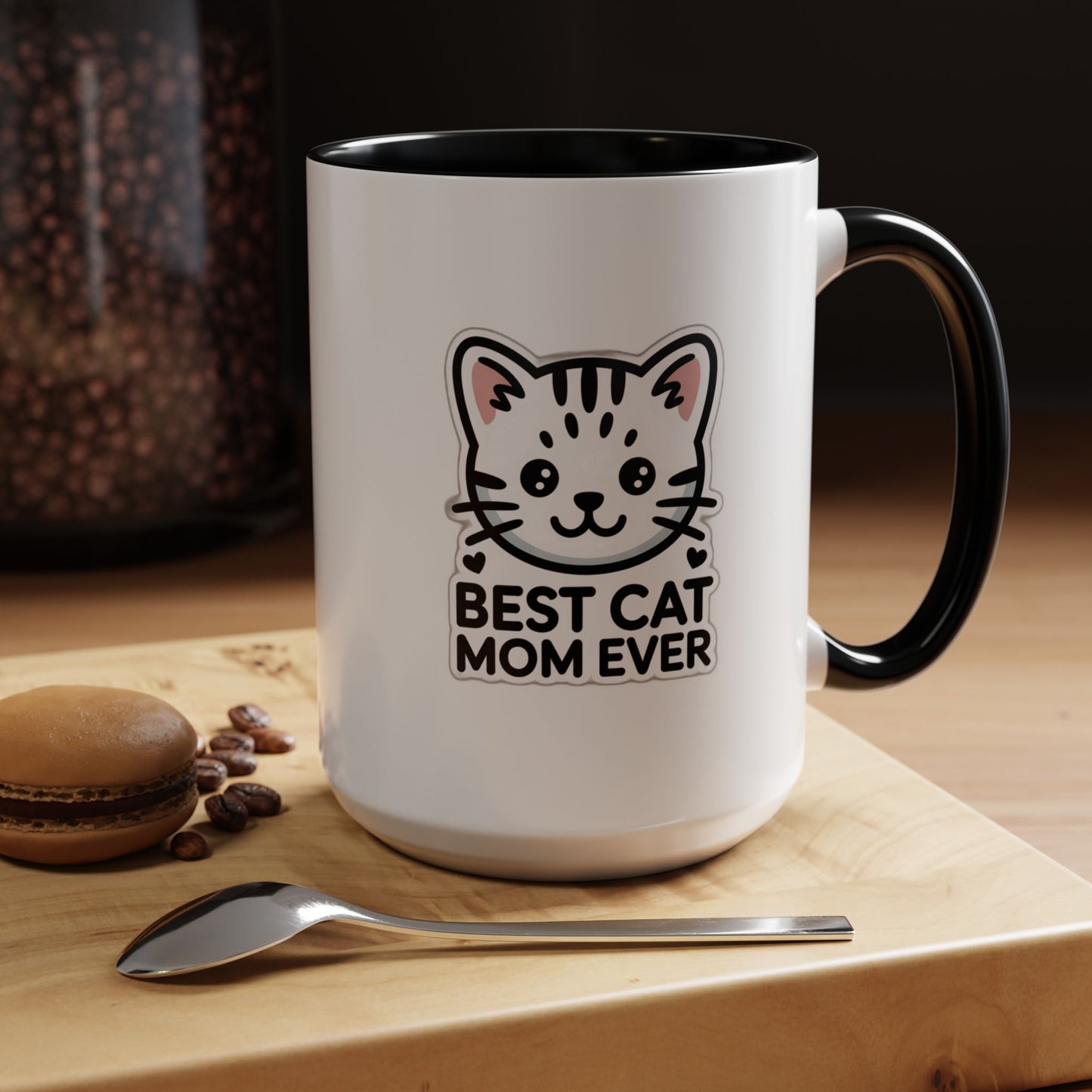 Best Cat Mom Ever Accent Coffee Mug - Kawaii Grey Tabby Cat Gift - 11oz Ceramic Cup