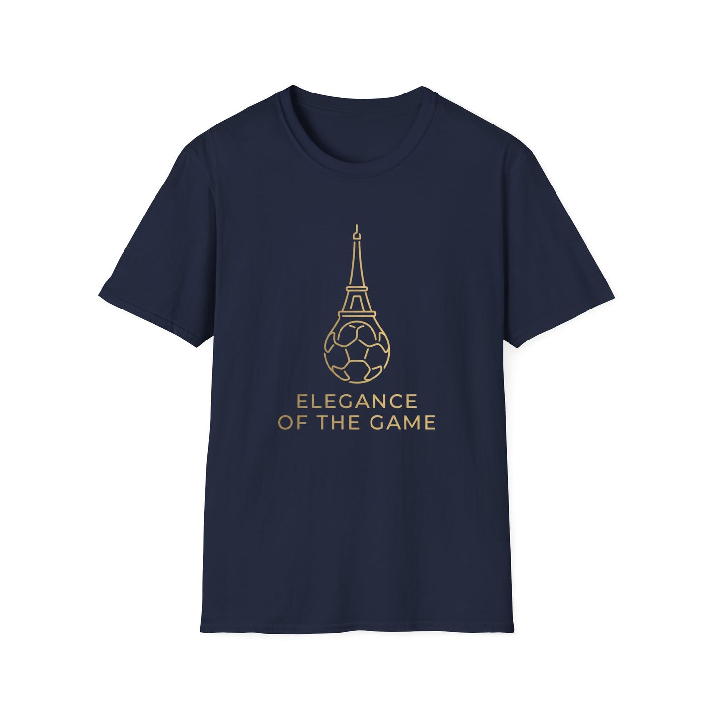 Elegance of the Game Soccer Tee — Eiffel Tower Gold Line-Art Graphic