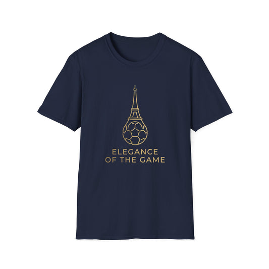 Elegance of the Game Soccer Tee — Eiffel Tower Gold Line-Art Graphic