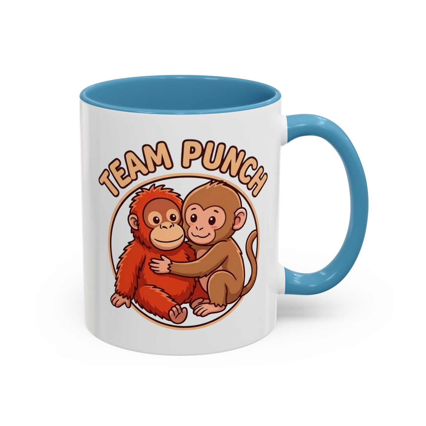 Team Punch Coffee Mug — Cute Hugging Monkeys Accent Mug (11/15oz)