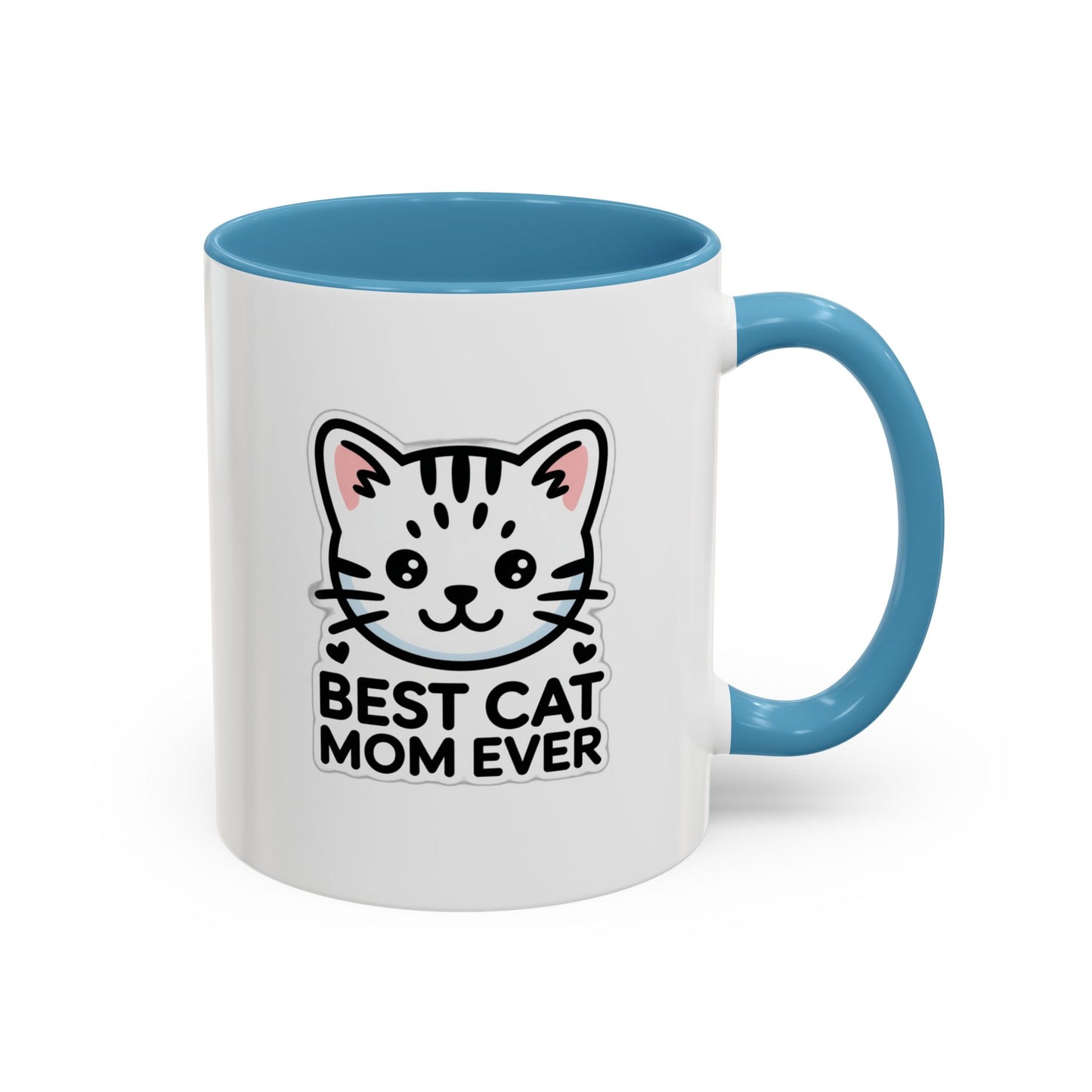 Best Cat Mom Ever Accent Coffee Mug - Kawaii Grey Tabby Cat Gift - 11oz Ceramic Cup