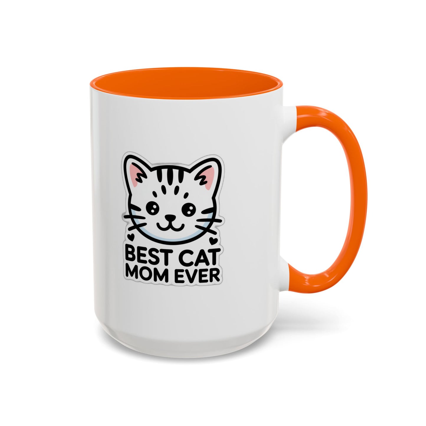 Best Cat Mom Ever Accent Coffee Mug - Kawaii Grey Tabby Cat Gift - 11oz Ceramic Cup