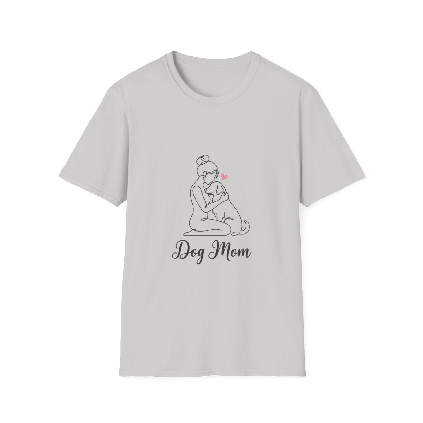 Dog Mom Line-Art Tee — Minimalist Pink Heart Graphic