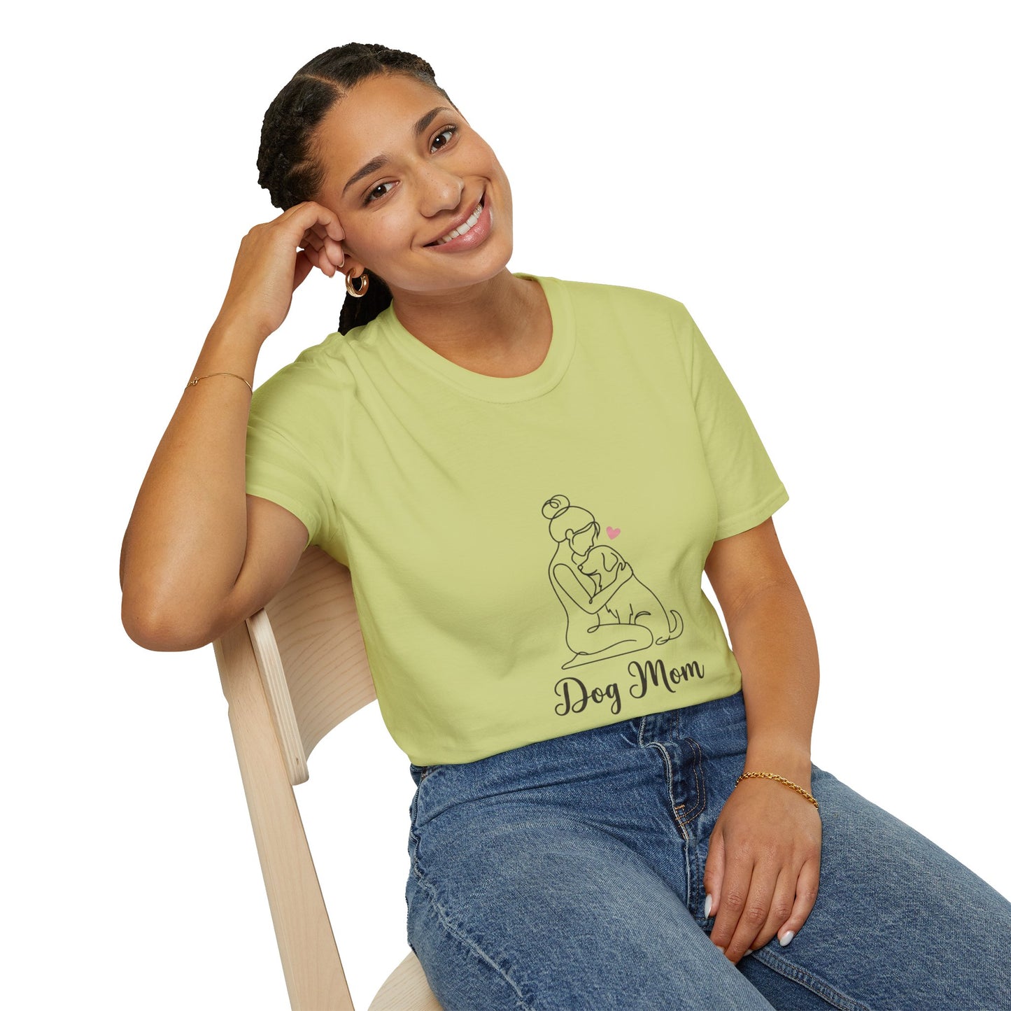 Dog Mom Line-Art Tee — Minimalist Pink Heart Graphic