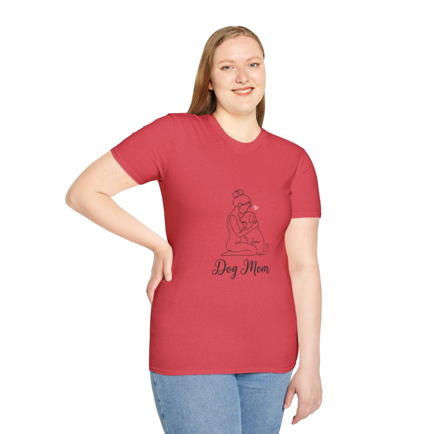 Dog Mom Line-Art Tee — Minimalist Pink Heart Graphic